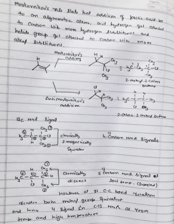 Markovnikovs role state that addition of protic acid tox o an asymmetric alkom, acid hydrogen get attached to Carbon with mo