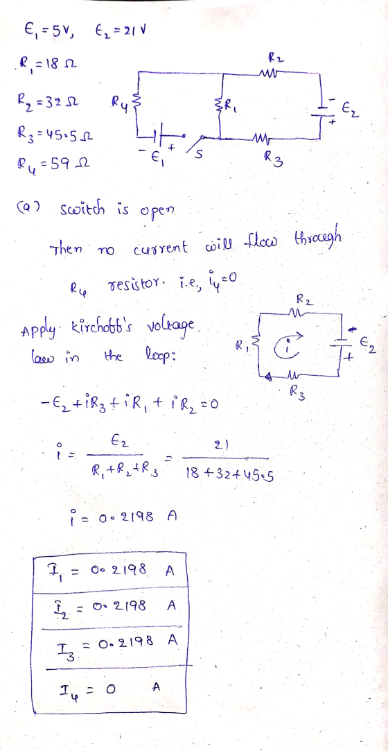 E, - 5 V, E2 = 21 V R2 Ri=1812 R = 322 Ry Е, R₂ =45:58 it f S E, R3 R-5912 9 (a) switch is open Then no Ru current will flow