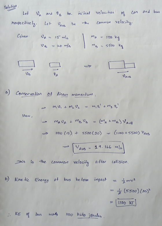 solution : Let V and Va be initial velocities and bus | car respectively. Let UAB the be relocity common Given VA = 15 ml MA