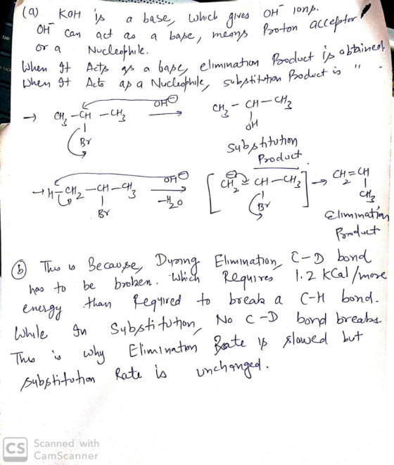 (a) KoH 1 OH can or a is a base, which gives act as a base mea Nucleophile. e, which gives a base, means on long. boton accep