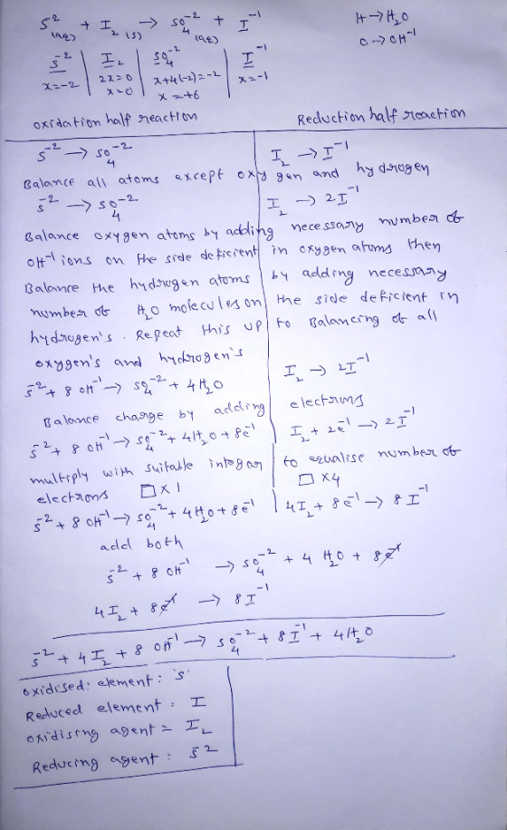 It-Ho Slag + I is, so 2 + I 194) O OHI x=-2 / 2x=0 / 2+4(-2) = -2 x=-2 Ixo 1 x=+6 oxidation half reaction Reduction half rea