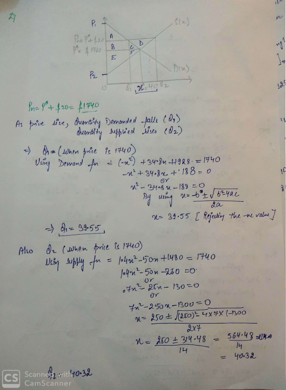 27 A G PE $1920 B ng? lo Pr X-4002 125 Pn= 8 + $20= $1740 As pruve sure, chuantity Demanded falle (de) cuantity supplied duse
