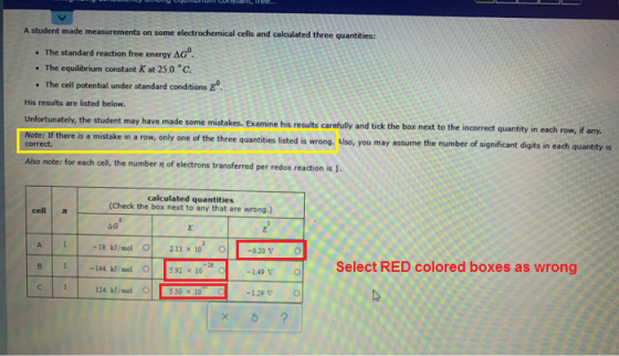 A student made measurements on some electrochemical cells and calculated three quantities: • The standard reaction free energ