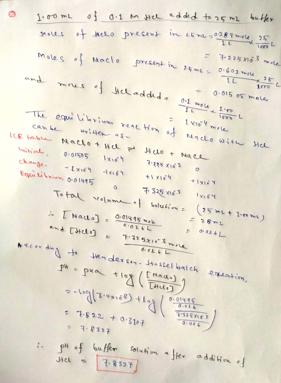 1.00 mL goles of 0.1 m sel added to 25m2 butter of telo present in 25 m2 20.289 mole 25. moles of Maclo present in - 7. 225x1