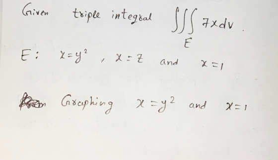 Given triple integral SSS axdv Ei x=y² X=Z and X=1 Paco Greephing x=y2 and x=1
