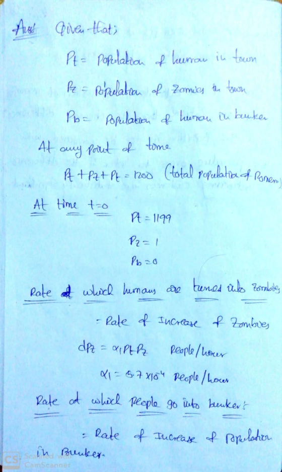 Art given that Pt = popelation of human in town P = Population of Zomies the town Po= Population of human in bruker At any pa