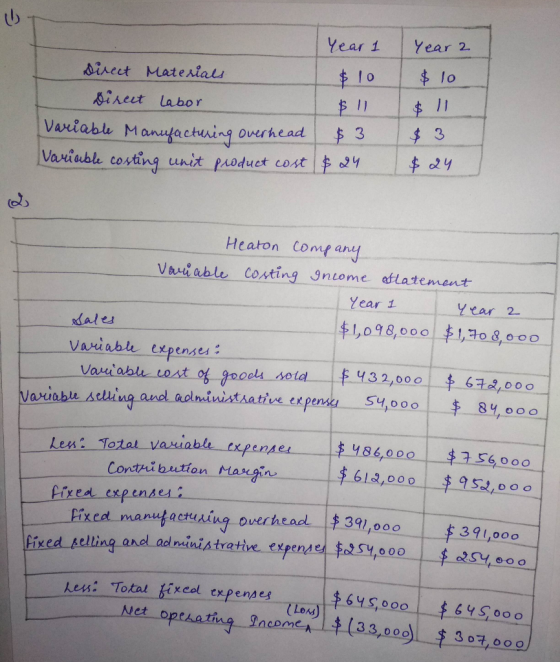 Year 1 Year 2 $ 10 direct Materials $10 Direct labor Variable Manufacturing overhead $3 Variable costing unit product cost $2