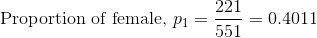 \text{Proportion of female, }p_1=\frac{221}{551}=0.4011