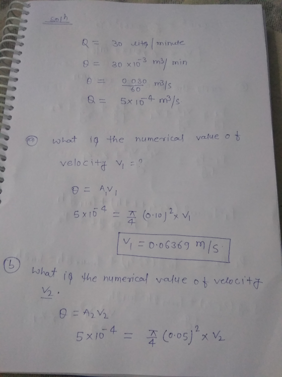 ( Solh Ա Q = 30 lito / minute o= 30 x103 m3/min 0 = 0.030 m/s Q = 5x104 m/s 60 րխիո ր * ԴՈ 7 What is the numerical value of v