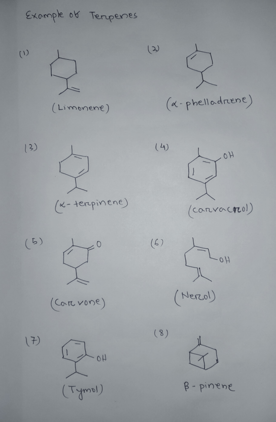 Example of Tenpenses (Limonene) (&- phelladriene) (4) 0 L. (x- terpinene) (carvacrol) -૦ ) (Nerol) (Carvone) ( 8 ) | 3) OU. (