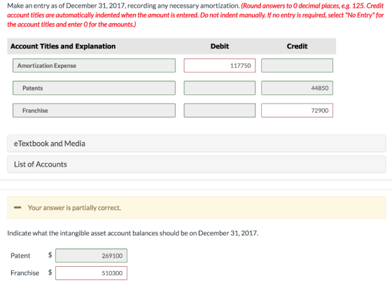 Make an entry as of December 31, 2017, recording any necessary amortization. (Round answers to 0 decimal places, e.g. 125. Cr