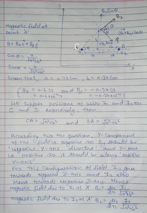 Basino B2 Magnetic field at point À 09 (BitBa) Cosco B=Bxit * By YB Smo Coso = а a Jazba х Sino b Ja2+62 Given that, as 0.72