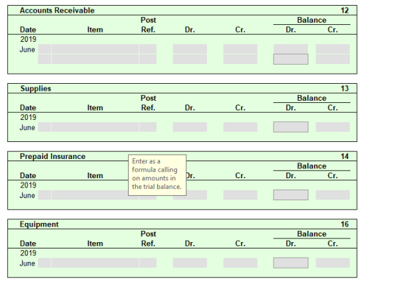 Accounts Receivable 12 Post Balance Dr. Dr. Date Item Ref. Crг. Cr. 2019 June Supplies 13 Post Balance Cr. Date Item Ref. Dr.