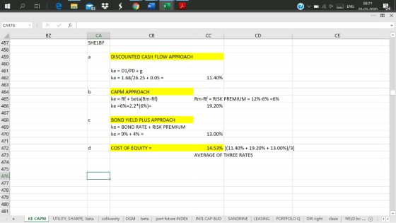 © v 1* 08:21 ENG 20-03-202024 CA476 - fx X BZ CA SHELBY CB CC C D CE a 457 DISCOUNTED CASH FLOW APPROACH ke = D1/PO + g ke =