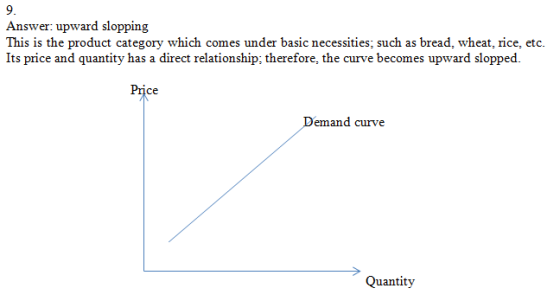 9. Answer: upward slopping This is the product category which comes under basic necessities, such as bread, wheat, rice, etc.
