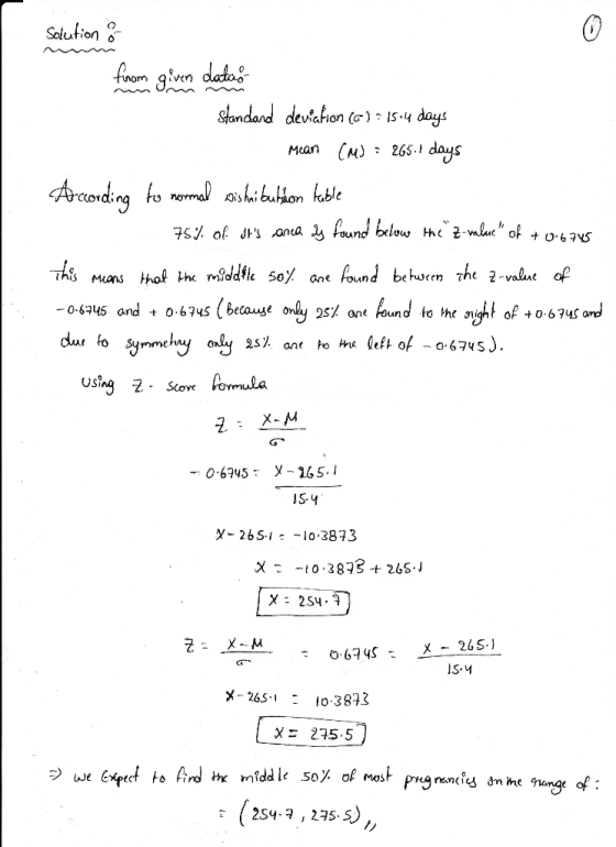 Solution finom given dators Standard deviation (6): 15.4 days Mean CM) : 265.1 days According to normal wishi bulion table 75