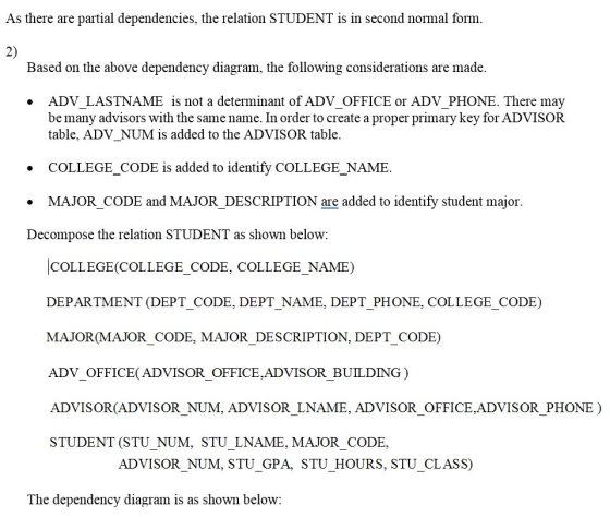 As there are partial dependencies, the relation STUDENT is in second normal form 2) Based on the above dependency diagram, th