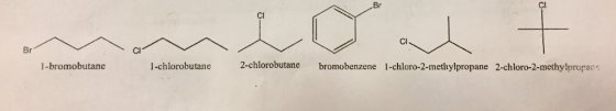Br Cl CI Cl Br CI 1-bromobutane 1-chlorobutane 2-chlorobutane bromobenzene 1-chloro-2-methylpropane 2-chloro-2-methylpropan