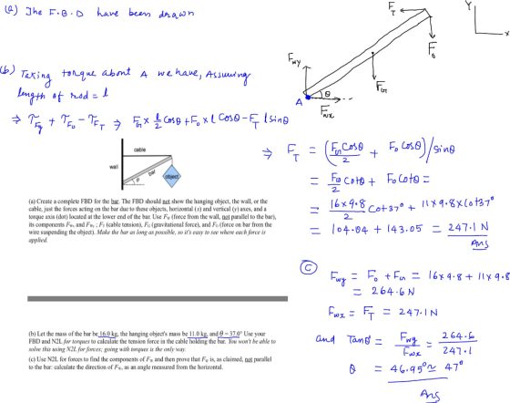 (a) The F.B.D have been drawn JO *b) Taking ton que about a we have, Assuming length of red=0 TE + TE-TE, 3 Fax & caso + Fox