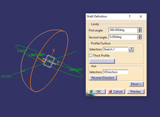 Shaft Definition Limits First angle: 1360.000deg Second angle: 0.000deg - Profile/Surface Selection: ISketch.1 LIM2LM Thick P