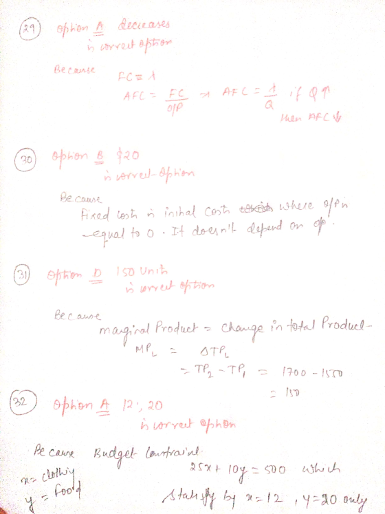 (29) Sphion A decirases is correct option Because - AFC = FC AFC = 1 if Q p. then AFCV 0 opsion B 920 in correct option Becau
