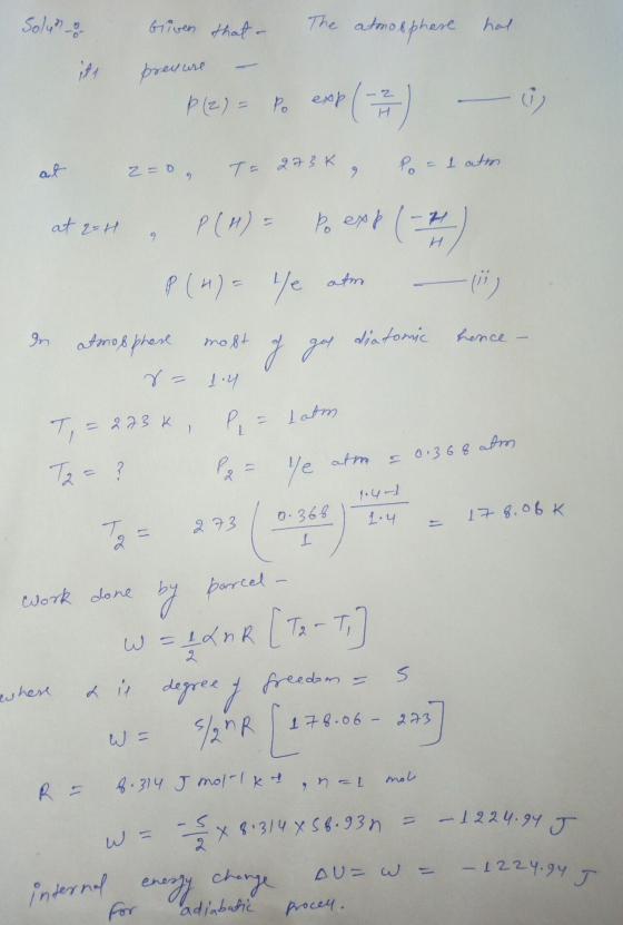 Solun & Given that. The atmosphere hat preu ure P (2) - Po exp(-2) – i at 250 To 273K Pol atm at goth, P(H)- Po exp(-1) P (H)
