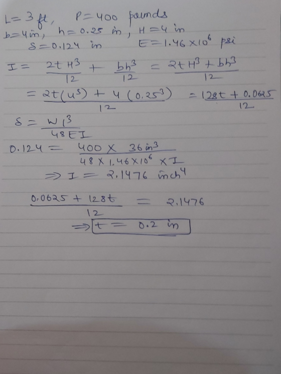 12 L=3ft, P = 400 pounds b=4in, h= 0.25 in H=4 in s=0.124 in E=1.46X100 psi. I = 2t H3 + bh3 = 24H + bh 12 1 = at(u) + 4 (0,2