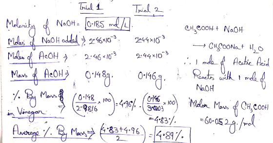 Trial 1° Trial 2 Molarity of NaOH = 10-185 md 1.. CHCOOH + NaOH Moles of NaOH added & 246*03 20448103 CHCOONa+ H2O Moles of A