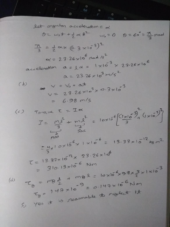 let ongular acceleration = 2 of wat toat² woo o= 60 = 7 rad ✓ = Ź «x 0. 3 x163)2 x=23.26x100 rad is? acceleration a= la= lxlo