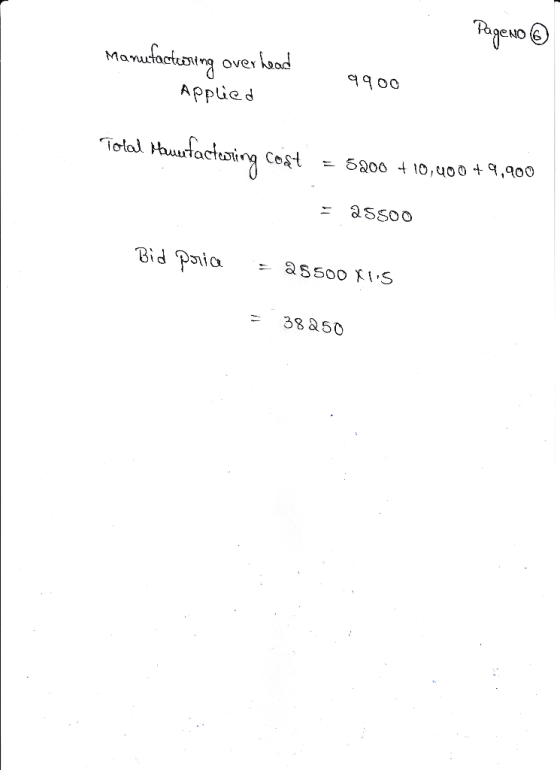 Page no @ Manufacturing over head Applied 9900 Tolal Hauntacturing cost = 5200 +10,400+9,900 = 25500 Bid poria = 29500X115 =
