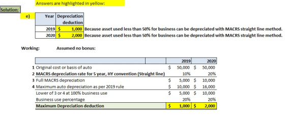 Answers are highlighted in yellow: Solution: Year Depreciation deduction 2019 $ 1,000 Because asset used less than 50% for bu