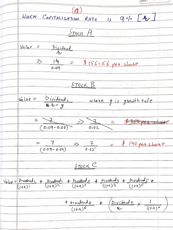 DATE! WHEN (a CAPITALISATION RATE is 90% Le - STOCK A value = Dividend - 14 = $155.56 per share 0.09 STOCK B Value = Dividend