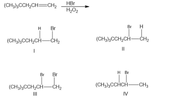 (CH)ACCH_CALCEM (CH)ACCH, CILE (CH3)3CCH2CH-CH2 (CH3)3CCH2CH-CH2 HBr (CH3)3CCH2CH=CH2 H₂O₂ Н. Br (CH3)2CCH2CH-CH2 Br III II I