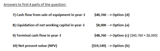 Answers to first 4 parts of the question 7) Cash flow from sale of equipment in year-3 $40,7 (d) 8) Liquidation of net workin