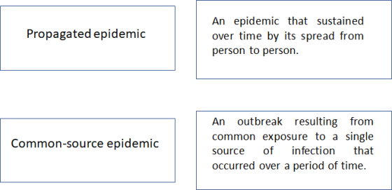 Propagated epidemic An epidemic that sustained over time by its spread from person to person. Common-source epidemic outbreak