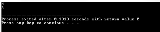 4 Process exited after 0.1313 seconds with returnvalue 0 Press any key to continue - - -