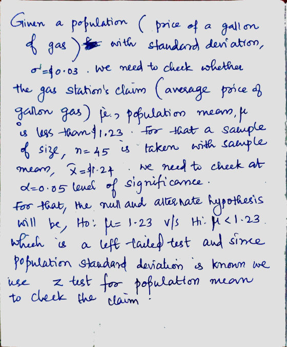 I Given a population ( price of a gallon I of gas ) with standard deviation, 0_80.03. we need to check whether the gas statio