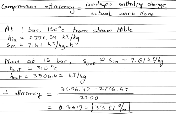 Compressor eficiency s isentropic enthalpy change actual work done a 15 bar, Sout ² Sin= At l bar, 150°c from steam table hin