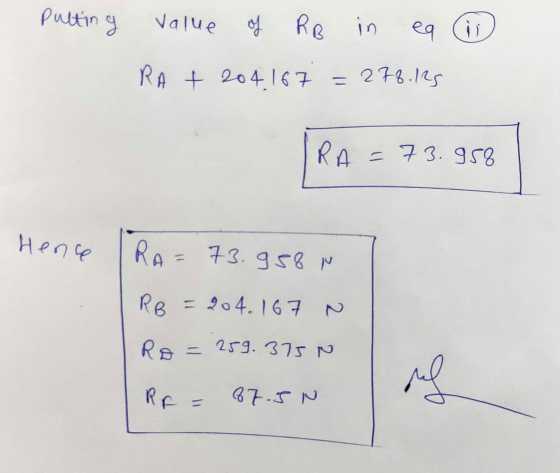 pulting value of RB in eq il RA + 204 167 = 278.125 RA=73.958 Hence RA= 73.958 N RB = 204.167 N Ro= 259.375 N ich RA 87.IN