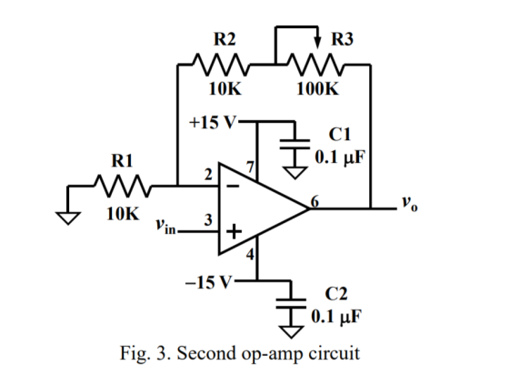 R2 D R3 10K 100K +15VT c1 T 0.1 uk R1 M 10K 15 V 1 C2 I 0.1 uF Fig. 3. Second op-amp circuit