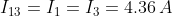 I_{13}=I_{1}=I_{3}=4.36\,A