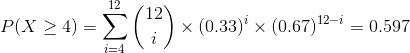 P(X \geq 4)= \sum_{i=4}^{12}\binom{12}{i} \times (0.33)^i \times (0.67)^{12-i} =0.597