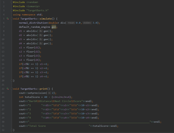 4 5 # #include <random> #include <iomanip> #include TargetDarts.h using namespace std; void TargetDarts :: simulate() { nor