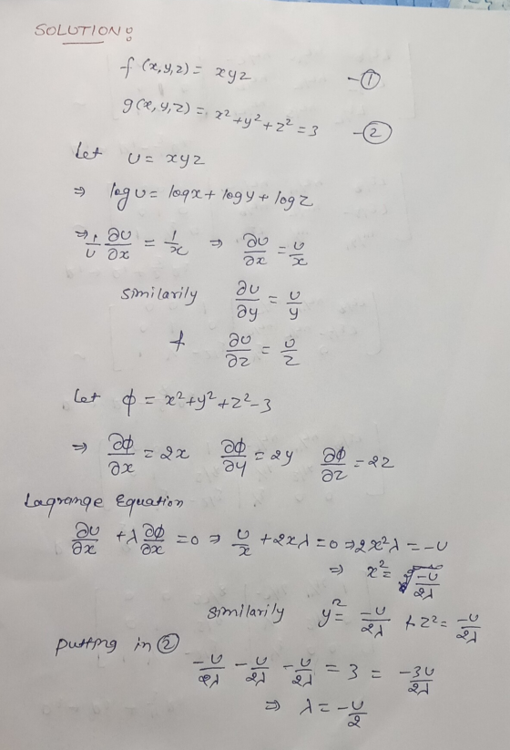 f (x, y, z) = xyz SOLUTION g (, 4,2) = 22 +42 +22=3 2 det U= xyz lagua = loqx+logy + log2 que os au ax 218 similarily au 24 a