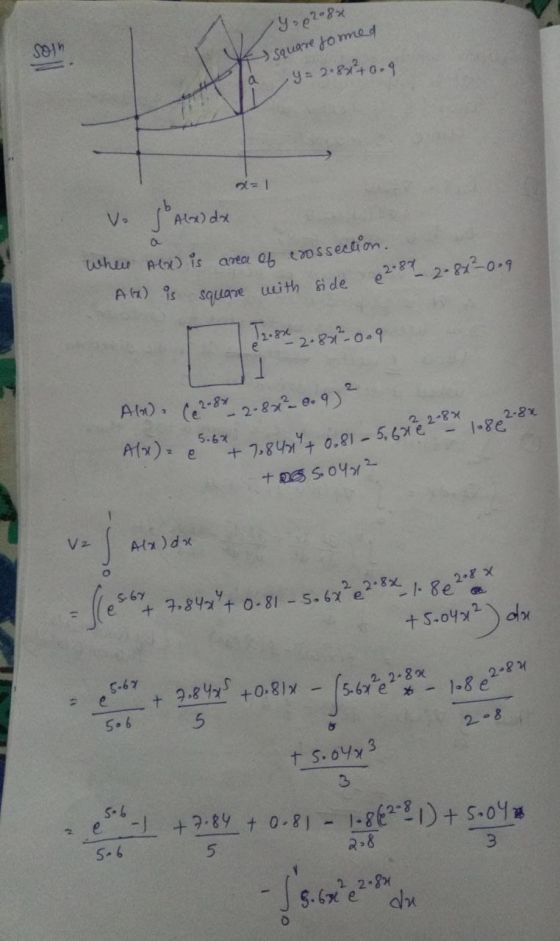 Son Yop2-8x square formed K Tay = 2.8x²10.9 ve Alx) dx where Alx) is area of crossection. A) is square with side 8 2089 2-82