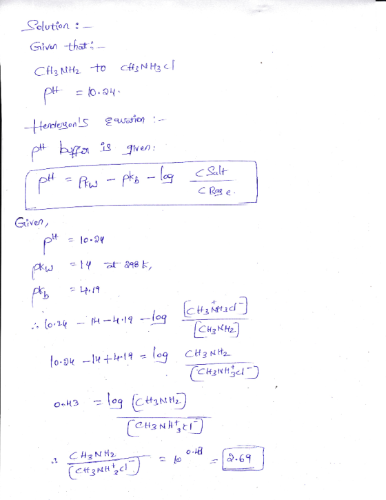 Solution : - Given that CH₂ MHz to CH3NH₂ cl pH = 10.24. Hendersons & Wasion :- pH buffer is given (pH = Prew - pko - log (S