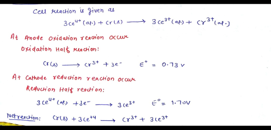 cell reaction is given as 3 Ceut (ap.) + cris) - 3 ce3+ ( alo) + (x3tial At Anode oxidation reaction occur Oxidation Halt rea