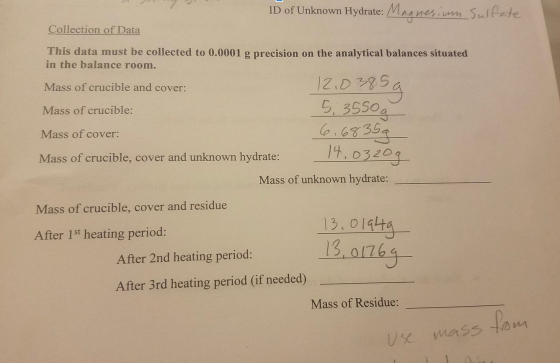 ID of Unknown Hydrate: Magnesium sulate Collection of Data This data must be collected to 0.0001 g precision on the analytica