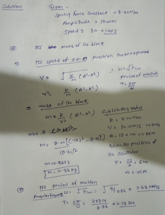 Solution Given - Spring force Constant 28.000/m Amplitude 2 12.01m speed 2 30.ocmis the sto mass of the block position can be