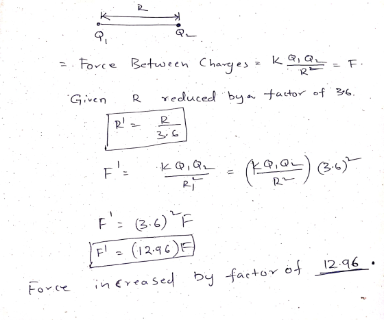 R K QI Force Between .. een Charges K Q, Q R. = F. Given R reduced by a factor of 36. 전 R 3:6 F KQ, QL Q, Qi) 3.6) - = R2 RE